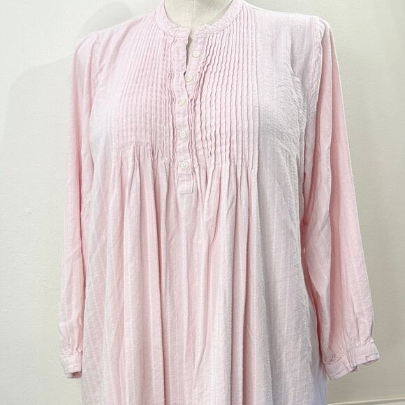 LL Bean Plus Size 1X Nightgown Flannel Dobby Pintuck Pink White Cottage 205465 - Picture 4 of 14